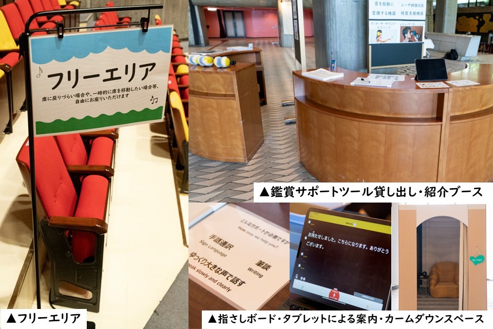 「フリーエリア」の座席についての案内看板、鑑賞サポートツール貸し出し・紹介ブース、指さしボード・タブレットによる案内・カームダウンペースを紹介する、4枚の写真を組み合わせた画像。