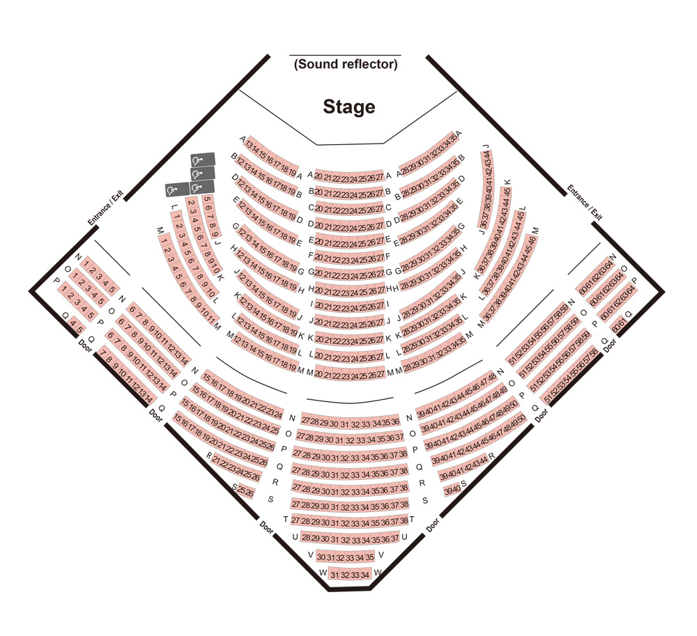 This is an image of the seating chart. By clicking the camera icons on this image, you can view the stage from the selected area. The seating capacity and more details are listed at the bottom of the image.