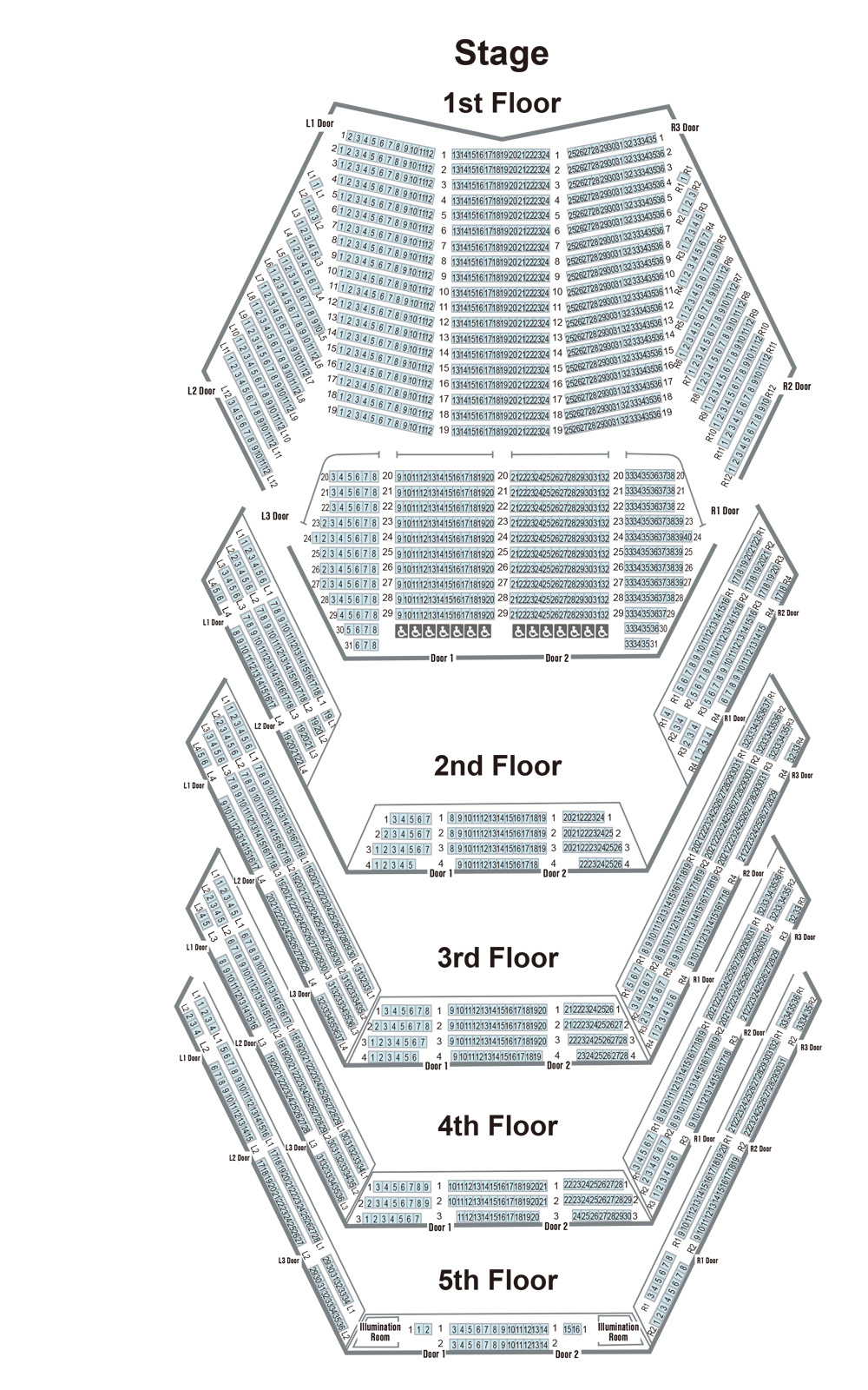1st Floor Seating 1,282 , 2st Floor Seating 238 , 3st Floor Seating 355 , 4st Floor Seating 268 , 5st Floor Seating 160 , Total 2,303 , Wheelchair seating 14