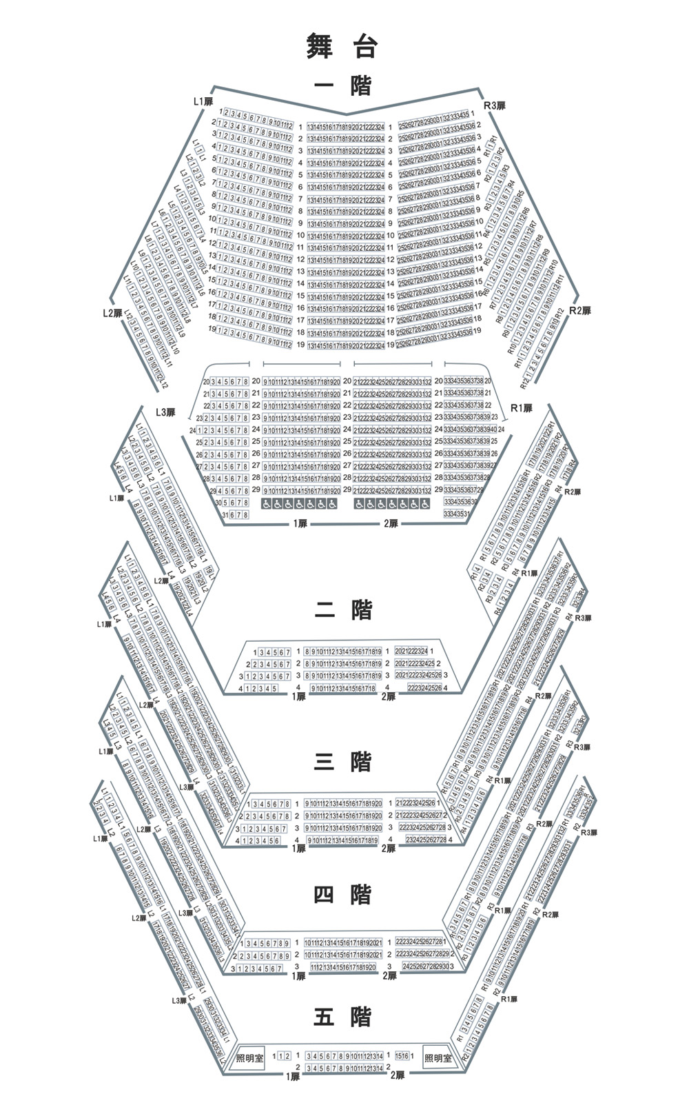 これは座席表の図です。カメラのイラスト部分をクリックすると、座席からの舞台の見えかたや客席内の様子を画像で見ることができます。座席数等の詳細情報はこの図の下に表記しています。