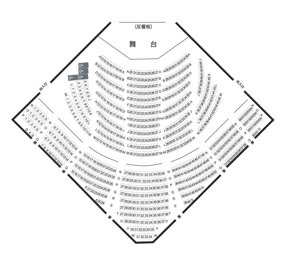 これは座席表の図です。カメラのイラスト部分をクリックすると、座席からの舞台の見えかたや客席内の様子を画像で見ることができます。座席数等の詳細情報はこの図の下に表記しています。