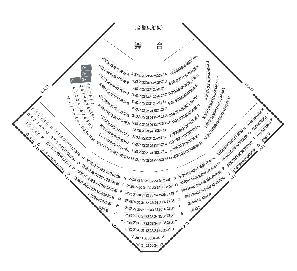 下層座位 338、上層座位 311、座位數總計 649、輪椅座位 4